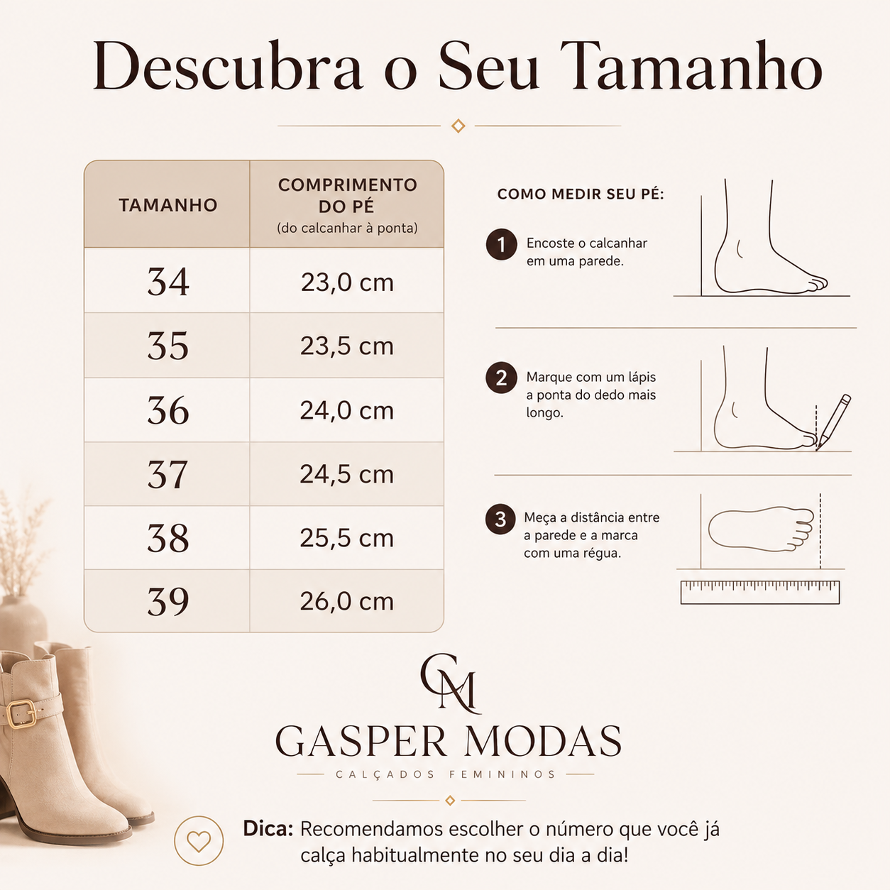 Tabela oficial de medidas da Gasper Modas — conversão de tamanho e comprimento do pé